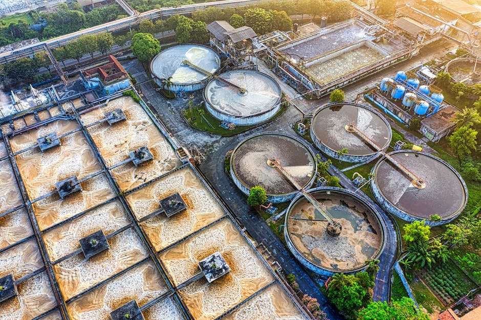 High-angle view of a water treatment facility in Serang, Indonesia during daytime.